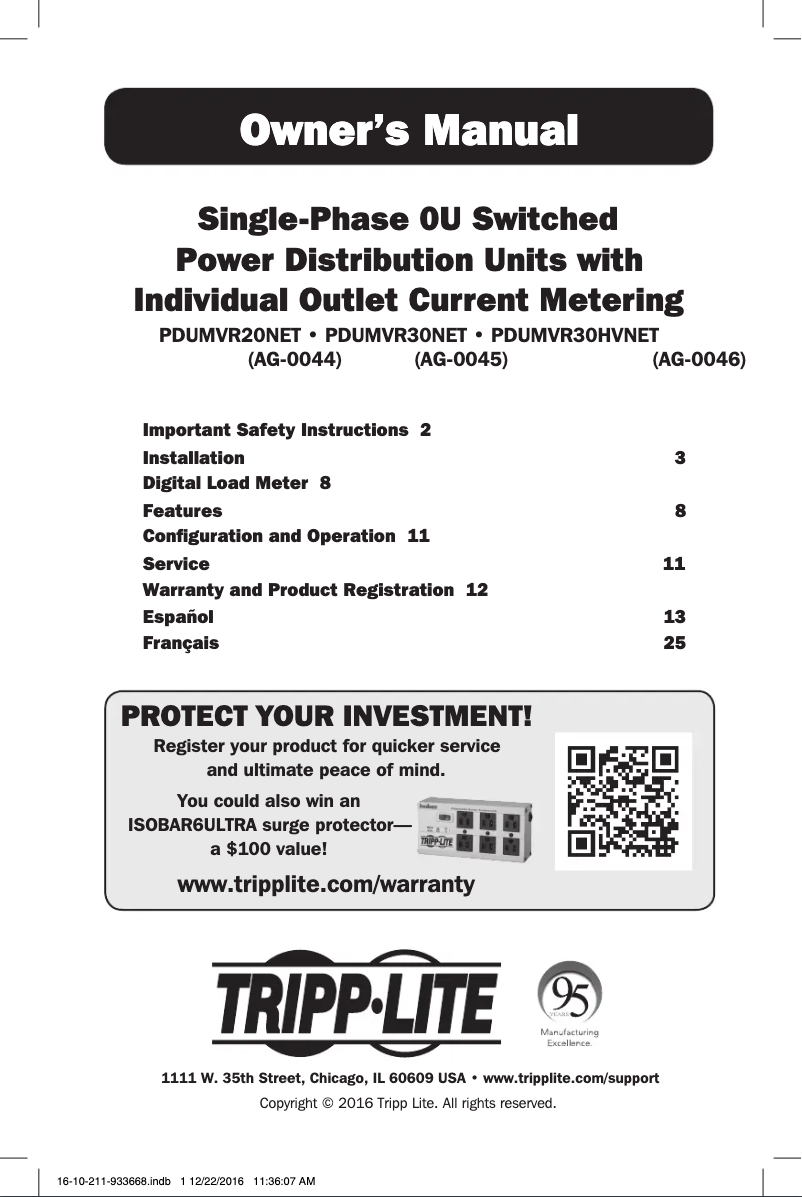 Page n°1 - Manuel utilisateur Tripp Lite PDUMVR30HVNET