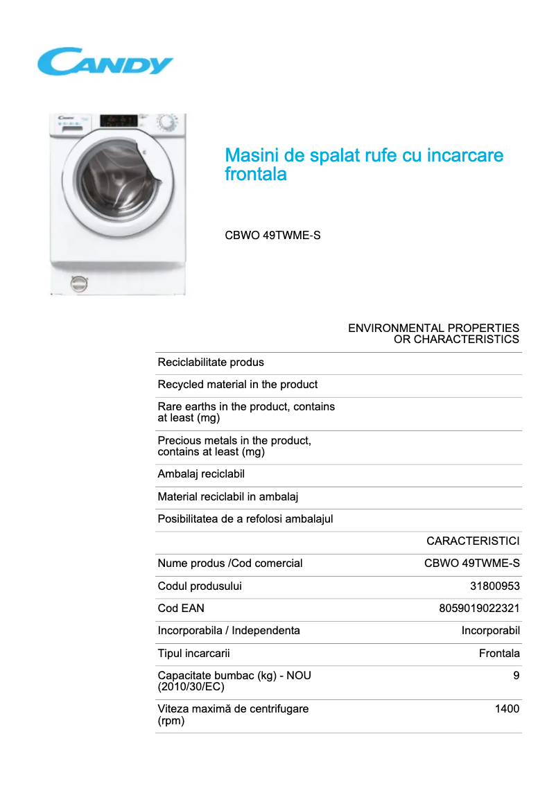 Page 1 de la notice Fiche technique Candy CBWO 49TWME-S