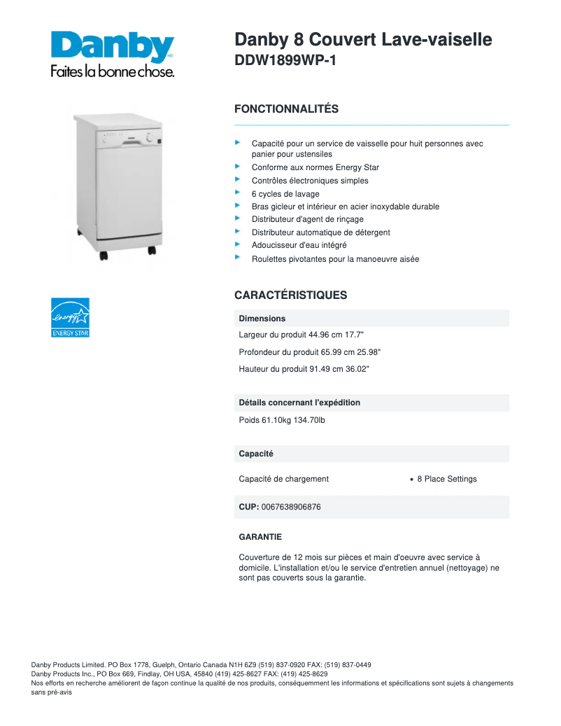 Page 1 de la notice Fiche technique Danby DDW1899WP-1