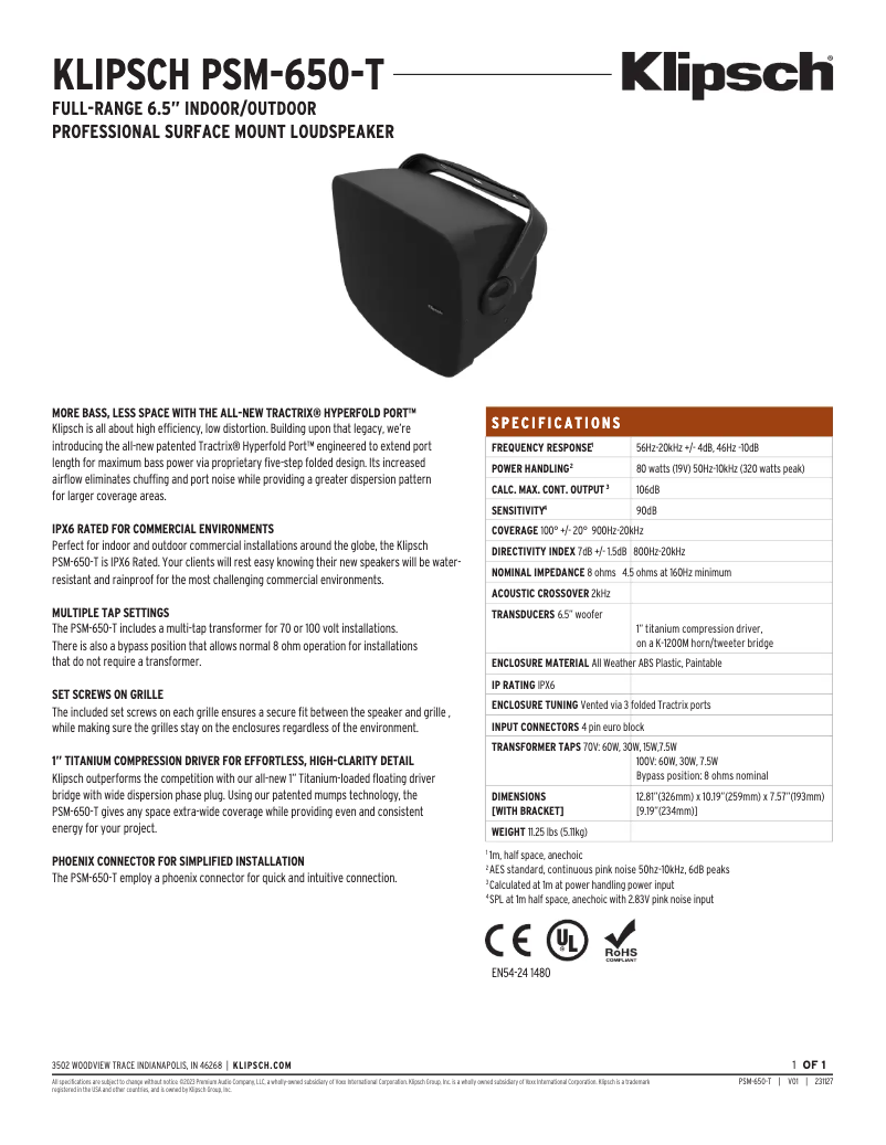 Page 1 de la notice Fiche technique Klipsch PSM-650-T