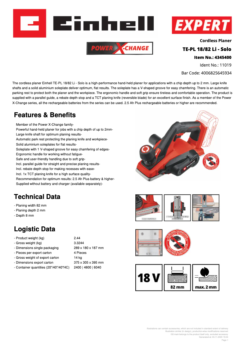 Page 1 de la notice Fiche technique Einhell TE-PL 18/82 Li - Solo