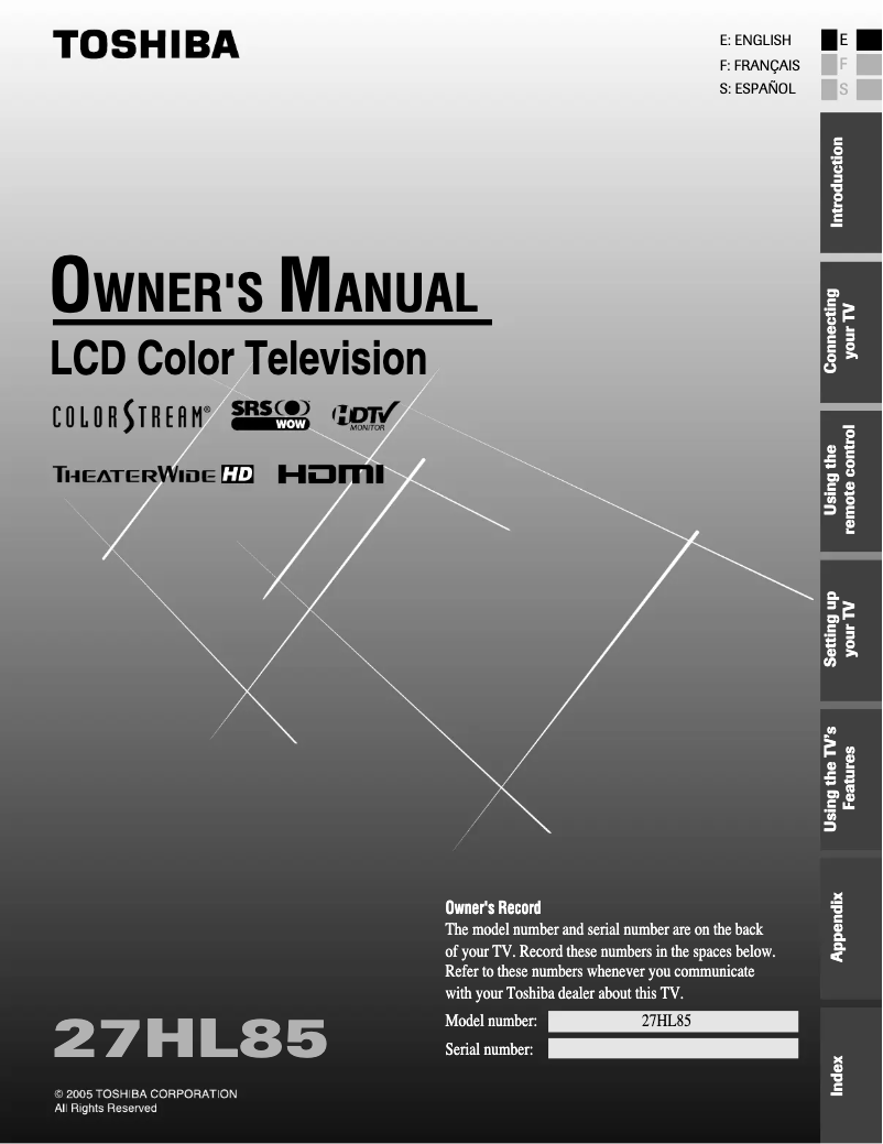 Page 1 de la notice Manuel utilisateur Toshiba 27HL85