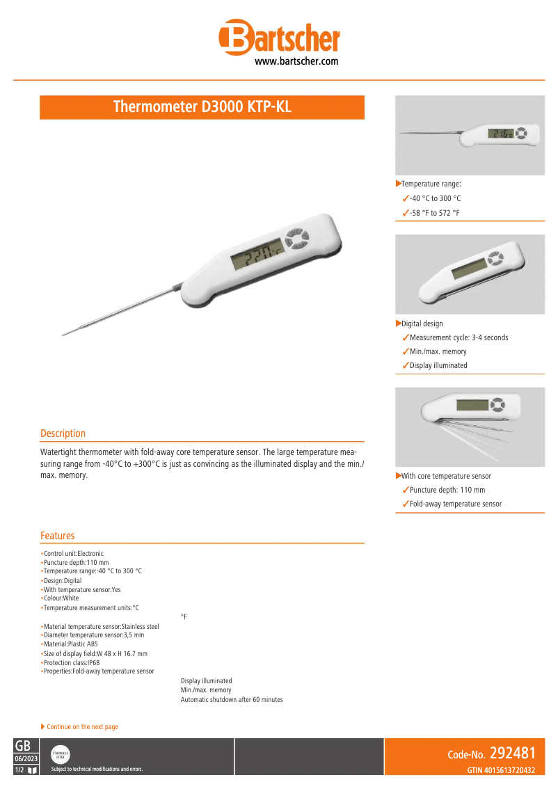 Página 1 del manual Ficha técnica Bartscher D3000 KTP