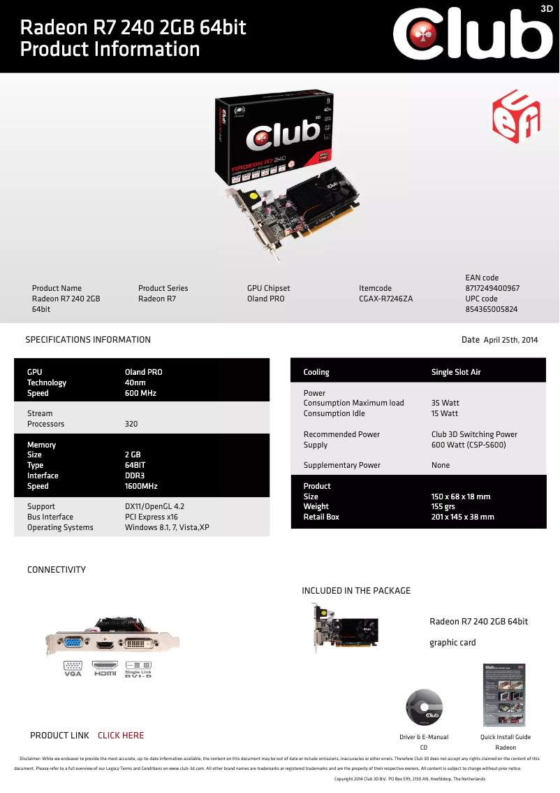 Page 1 de la notice Manuel utilisateur CLUB3D Radeon R7 240 Low Profile