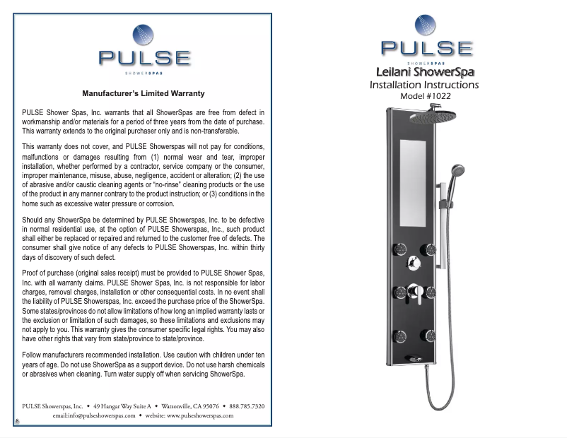 Page 1 de la notice Manuel utilisateur Pulse ShowerSpas 1022