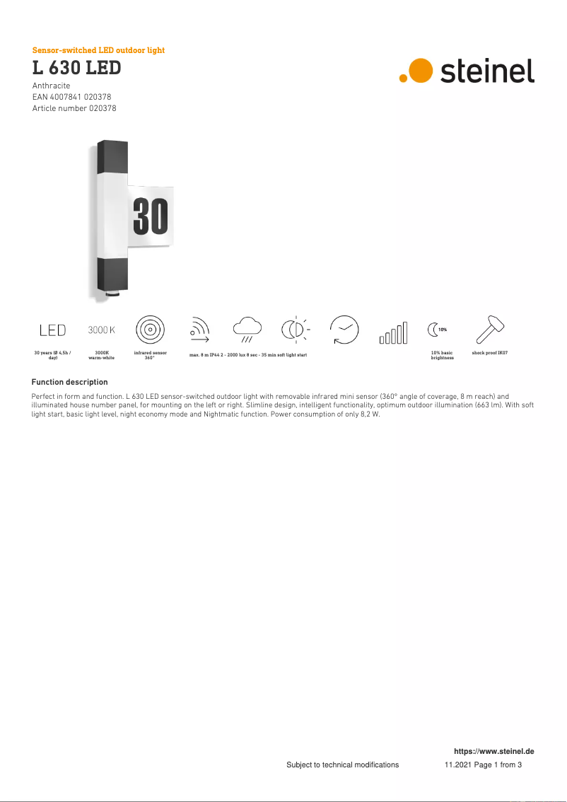 Page n°1 - Fiche technique Steinel L 630 LED