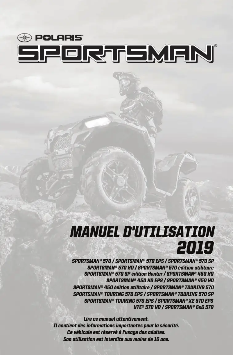 Page 1 de la notice Manuel utilisateur Polaris Sportsman 6X6 570 (2019)