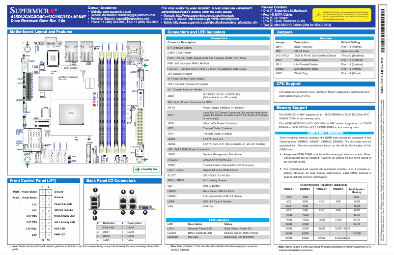 Page n°1 - Guide de démarrage rapide Supermicro A2SDi-16C-HLN4F
