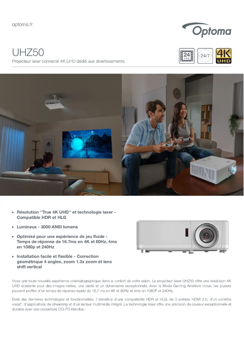 Page 1 de la notice Fiche technique Optoma UHZ50