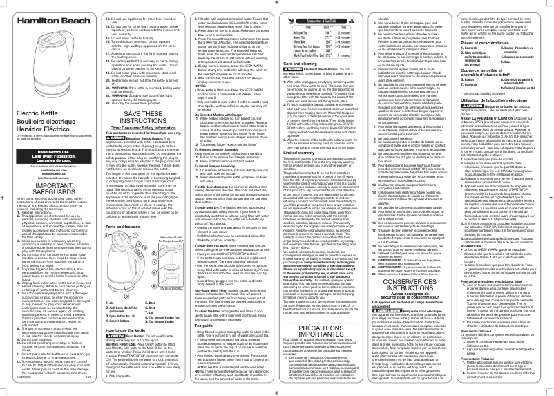 Page n°1 - Manuel d'utilisation et d'entretien Hamilton Beach 40942