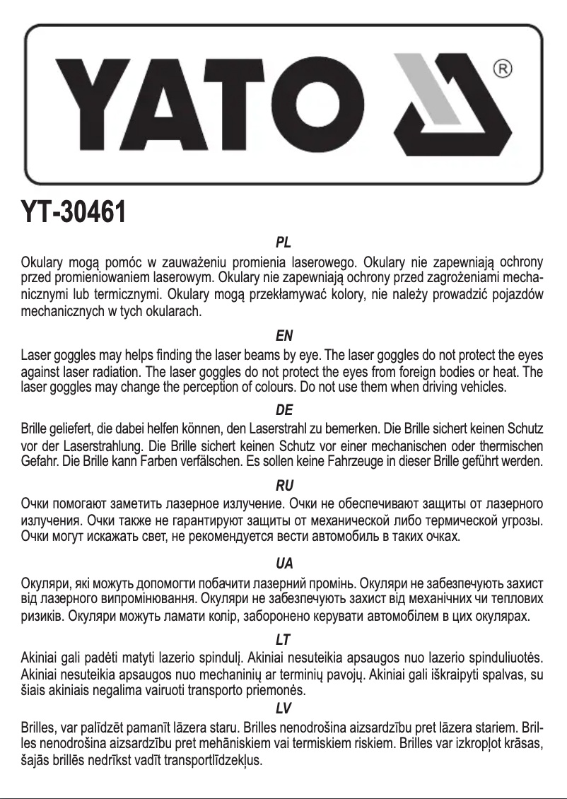 Page n°1 - Manuel utilisateur Yato YT-30461