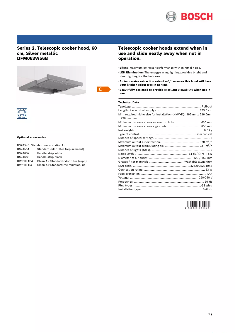 Page 1 de la notice Fiche technique Bosch DFM063W56B