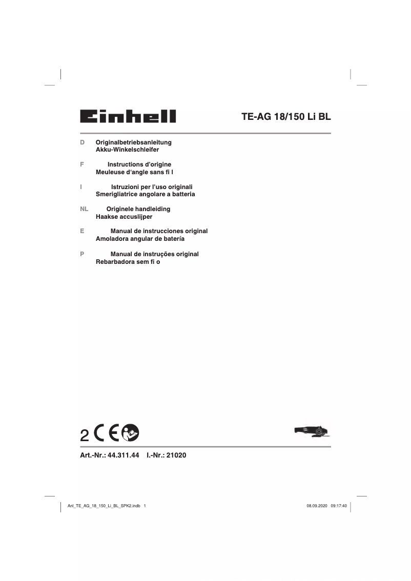 Page 1 de la notice Manuel utilisateur Einhell TE-AG 18/150 Li BL