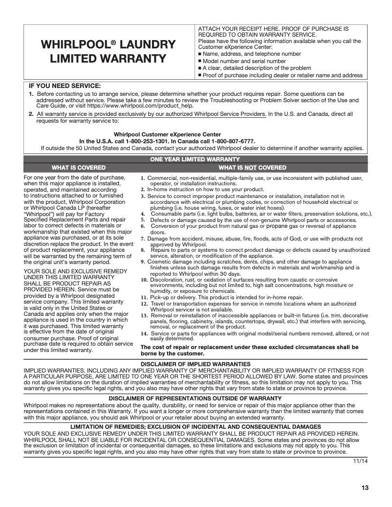 Page n°1 - Informations de garantie Whirlpool WGD4950HW
