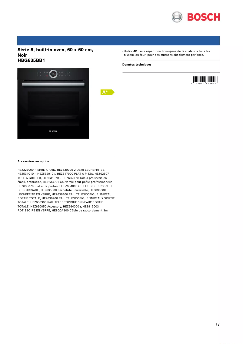 Page 1 de la notice Fiche technique Bosch Serie 8 HBG635BB1