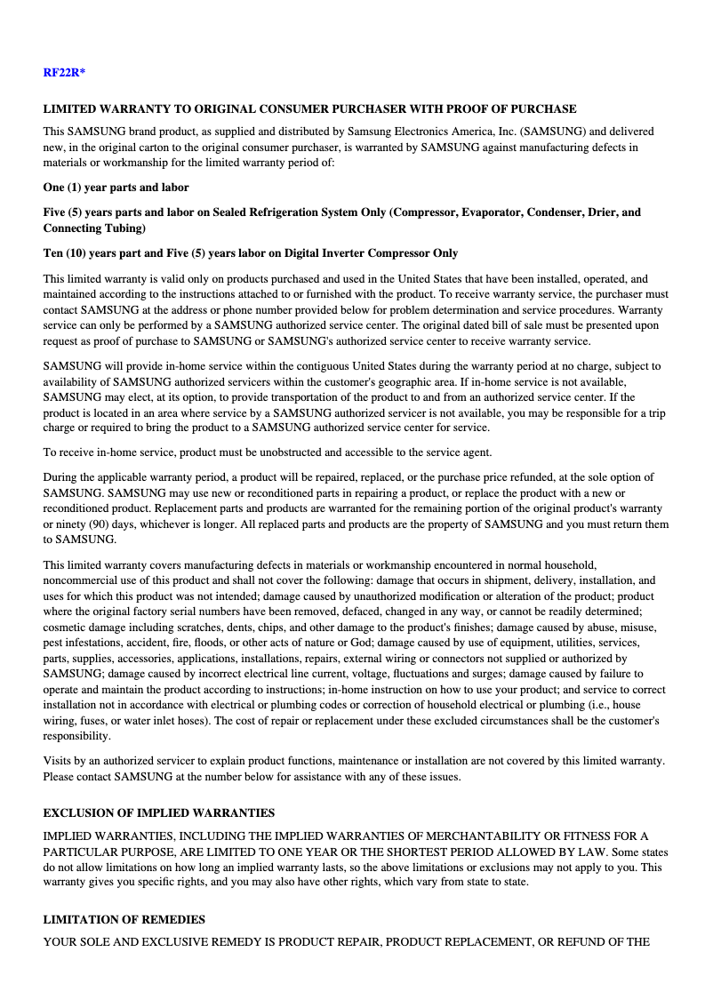 Page 1 de la notice Informations de garantie Samsung RF22R7551SR
