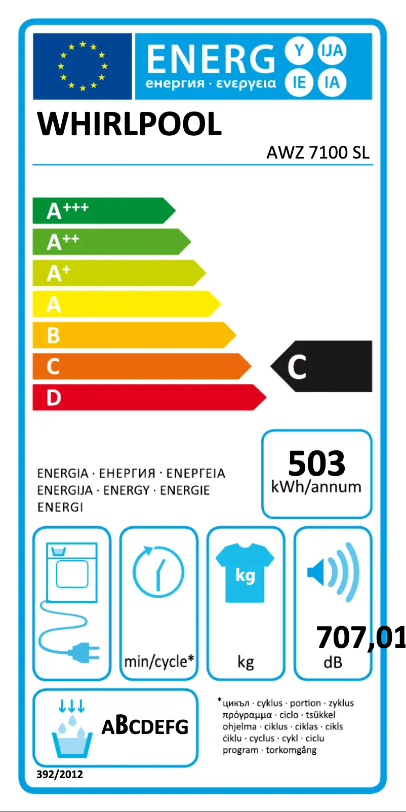 Page n°1 - Label énergétique Whirlpool AWZ 7100 SL