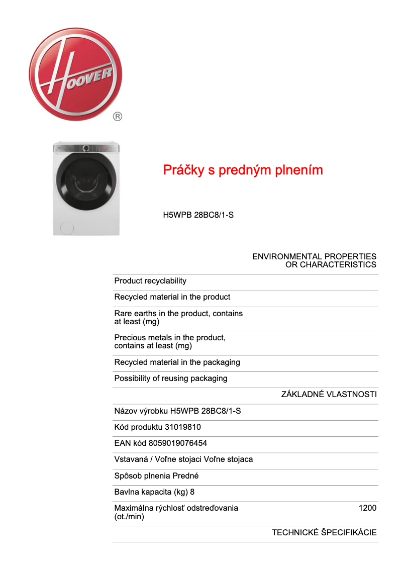 Page n°1 - Fiche technique Hoover H5WPB610AMBC8-S
