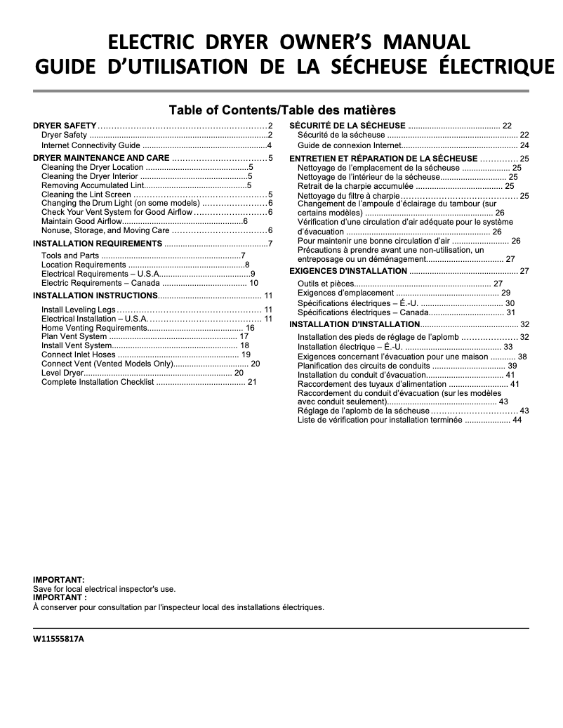 Page 1 de la notice Manuel utilisateur Whirlpool WED5620HW
