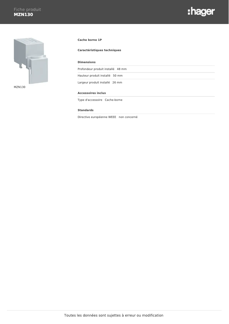 Page n°1 - Fiche technique Hager MZN130