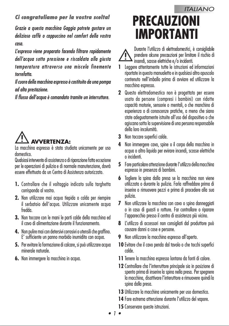 Page 1 de la notice Manuel utilisateur Gaggia Espresso Color