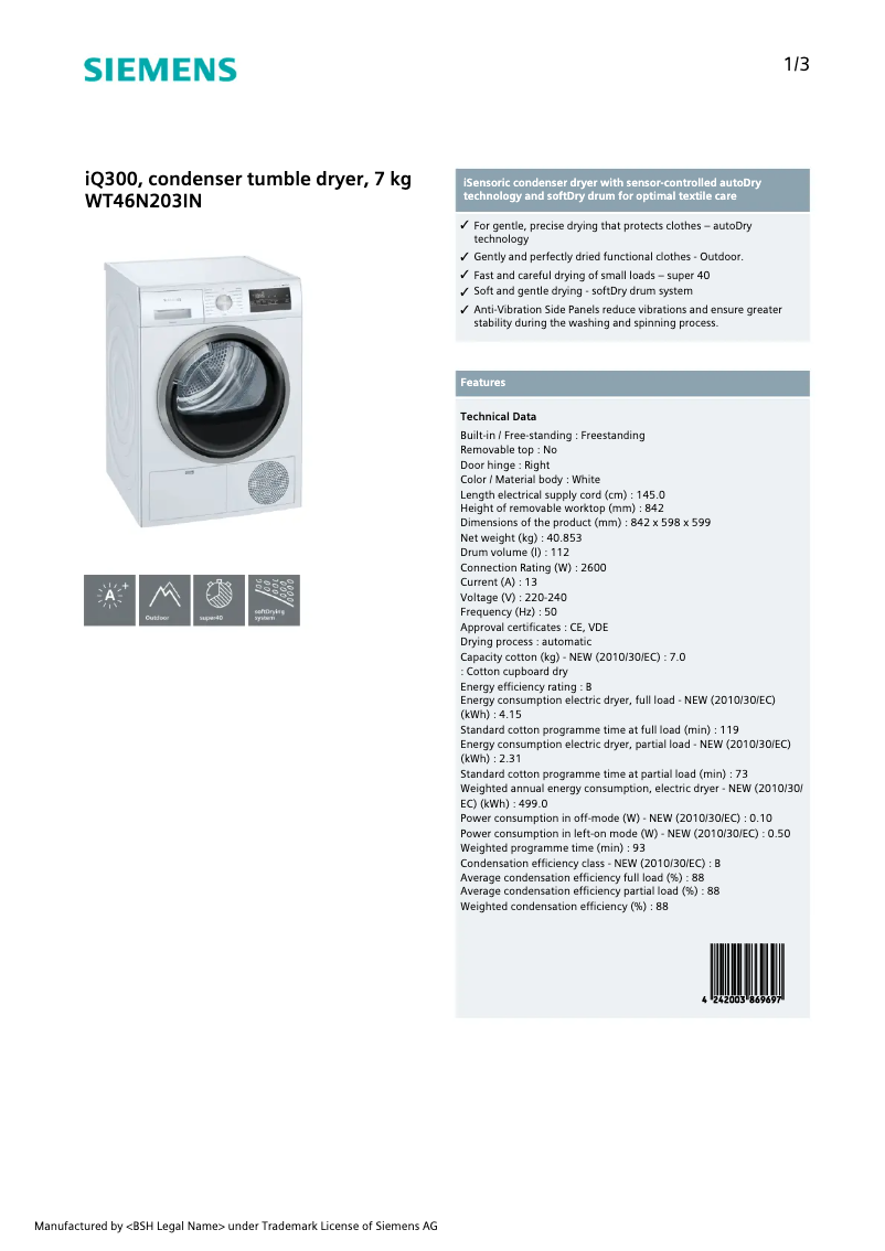 Page n°1 - Fiche technique Siemens WT46N203IN