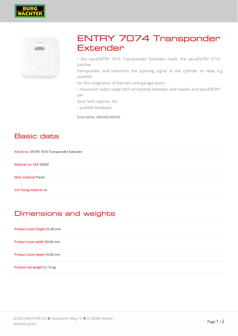 Image de la première page du manuel de l'appareil ENTRY 7074 Transponder Extender