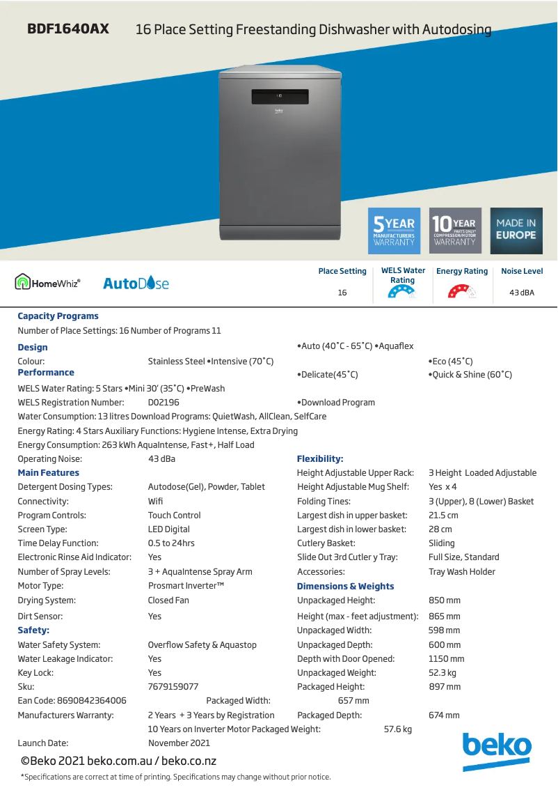 Page 1 de la notice Fiche technique Beko BDF1640AX