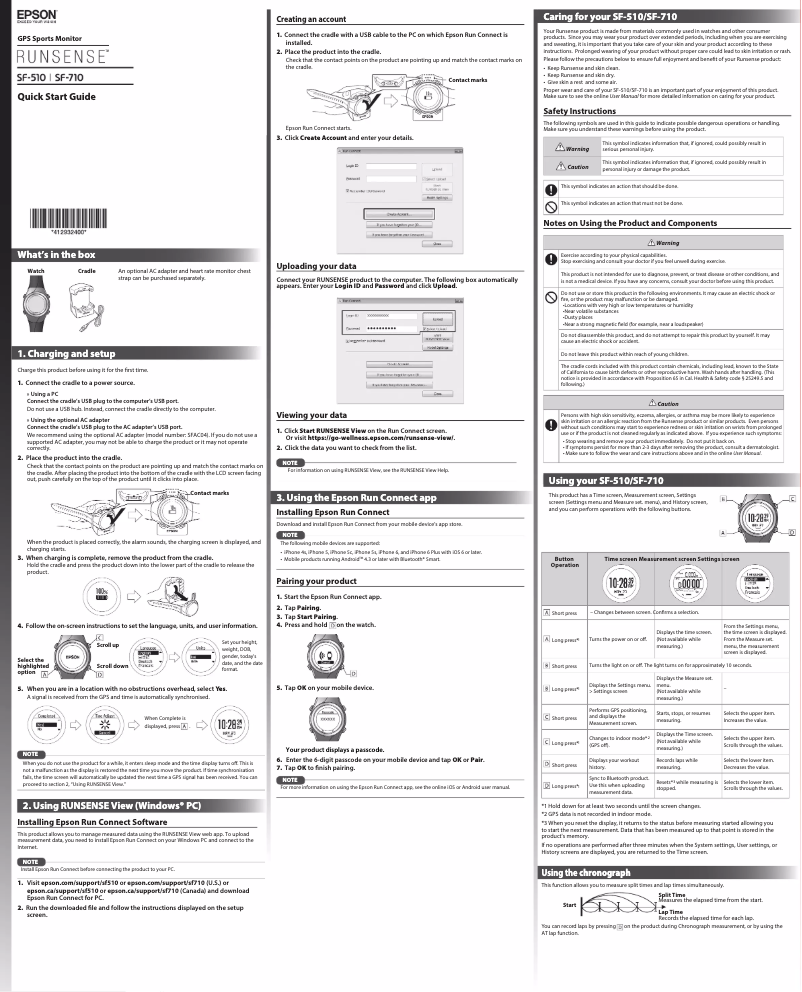 Page 1 de la notice Guide de démarrage rapide Epson Runsense SF-710