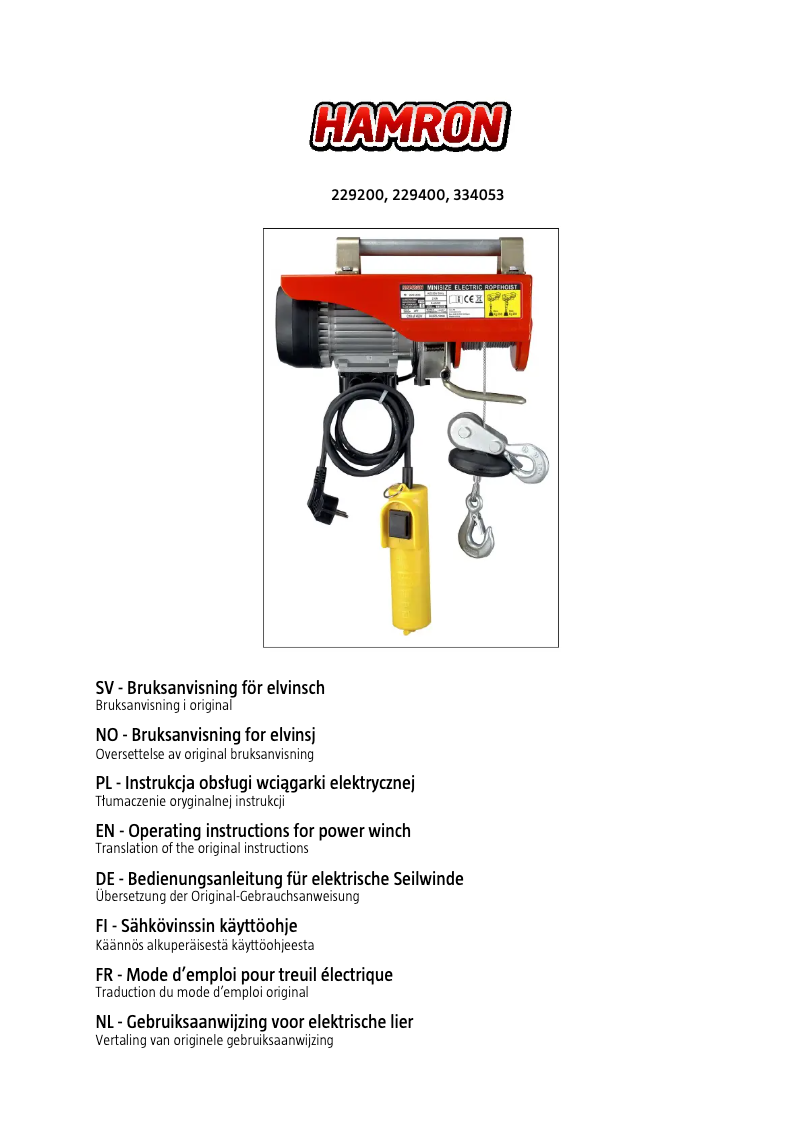 Page 1 de la notice Manuel utilisateur Hamron 229200