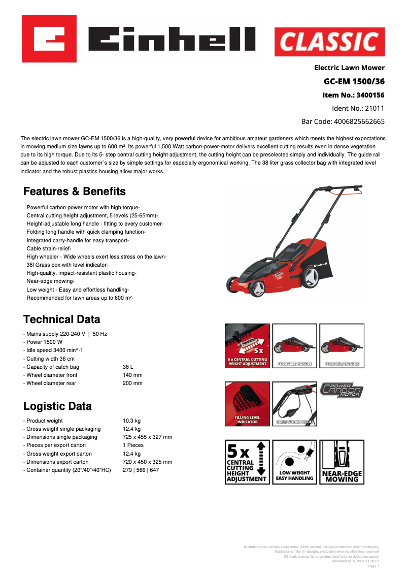 Page 1 de la notice Fiche technique Einhell GC-EM 1500/36