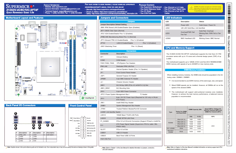 Page n°1 - Guide de démarrage rapide Supermicro X12SDV-4C-SPT4F