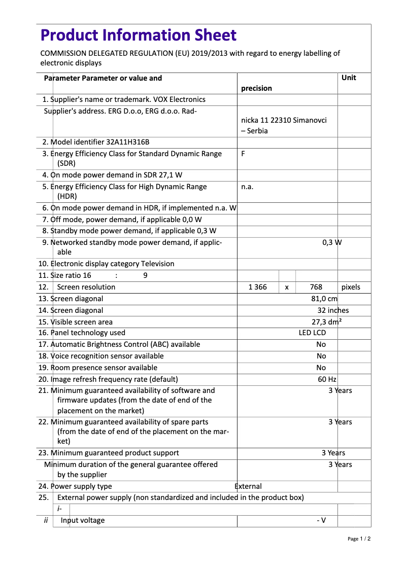Page 1 de la notice Manuel utilisateur VOX 32A11H316B