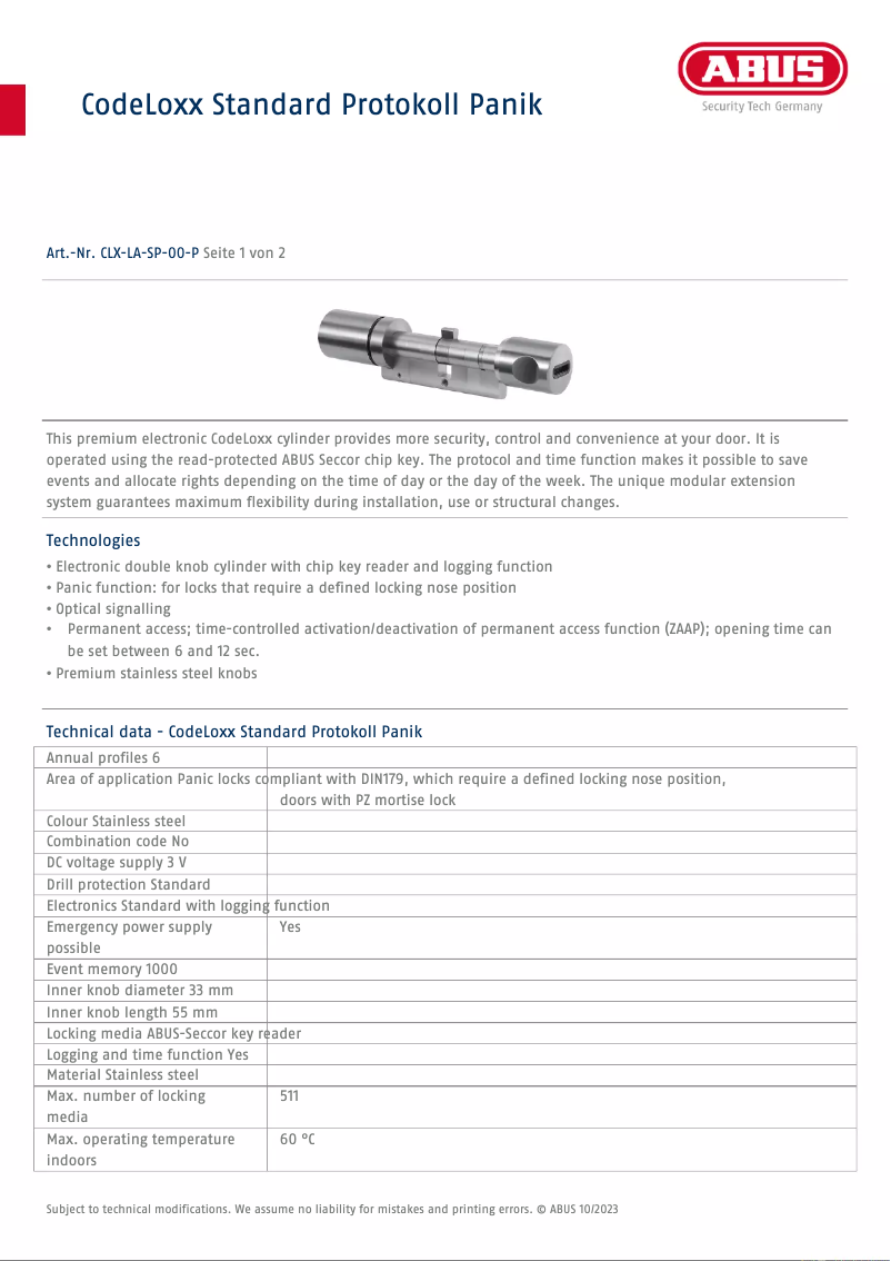 Page 1 de la notice Fiche technique Abus CLX-LA-SP-00-P