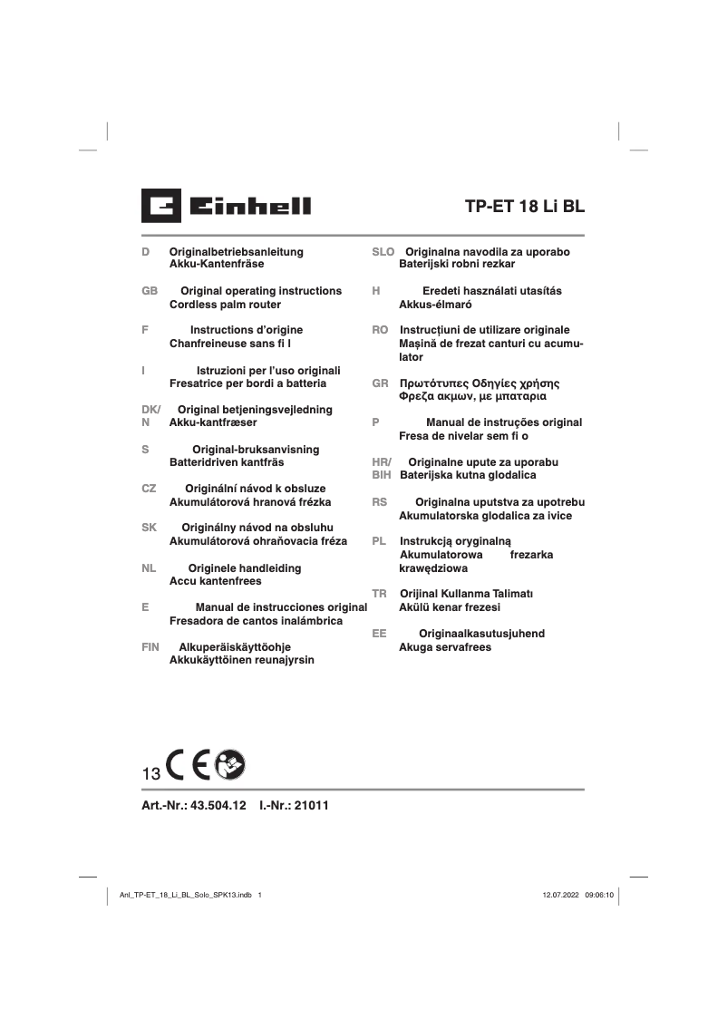Page 1 de la notice Manuel utilisateur Einhell TP-ET 18 Li BL