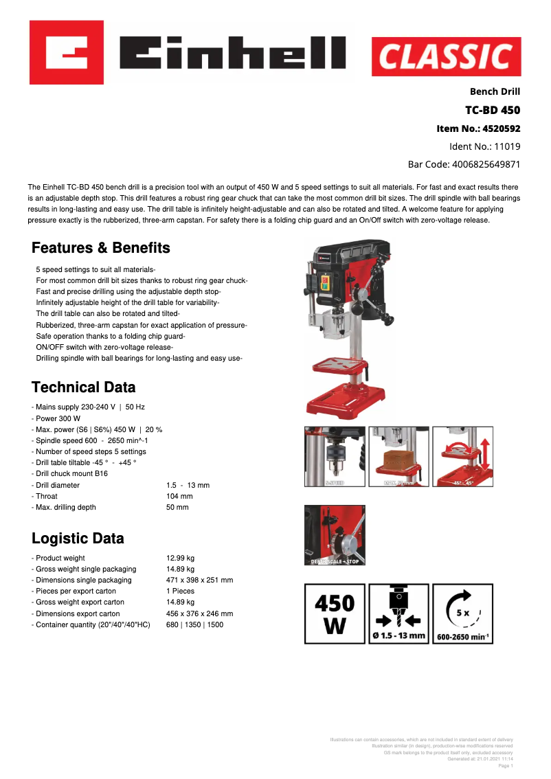 Page 1 de la notice Fiche technique Einhell TC-BD 450