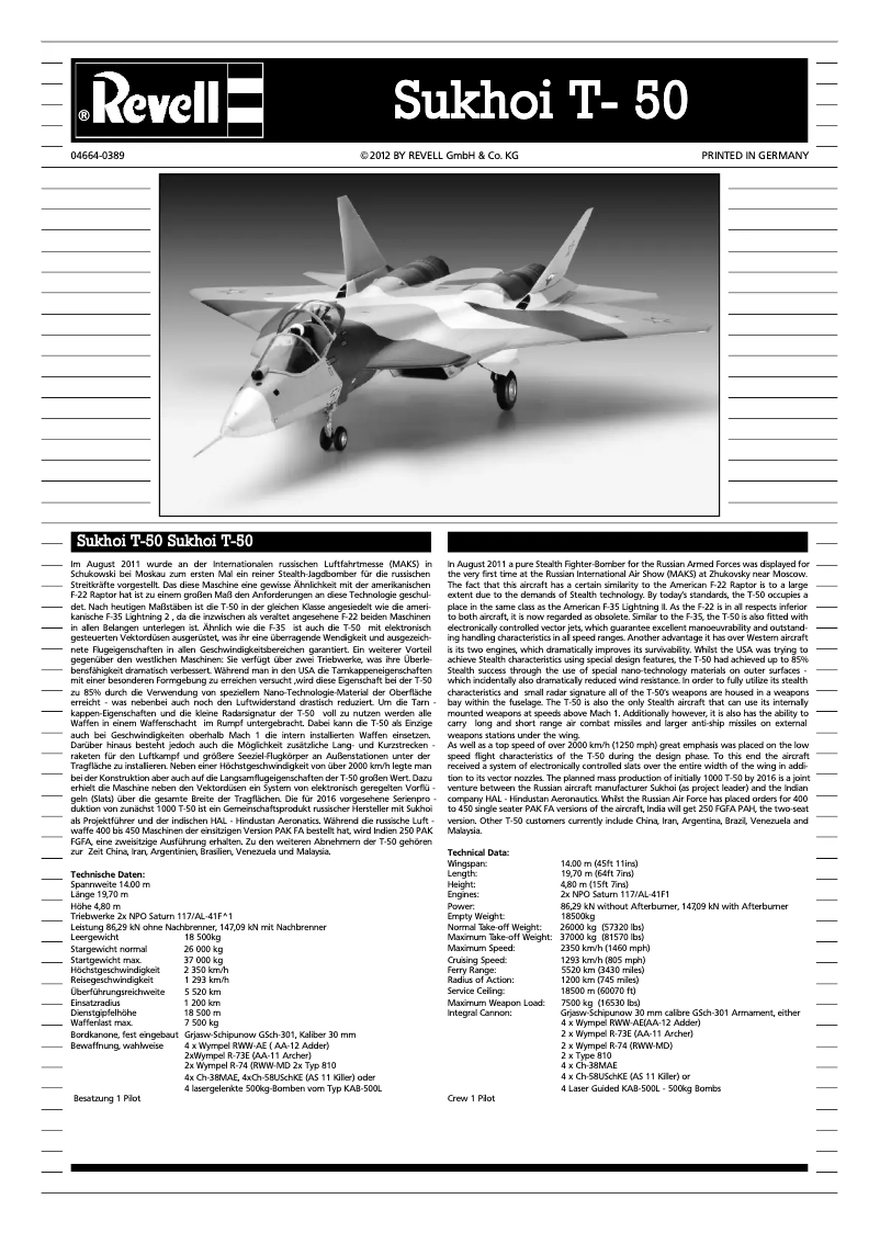 Image de la première page du manuel de l'appareil Sukhoi T-50
