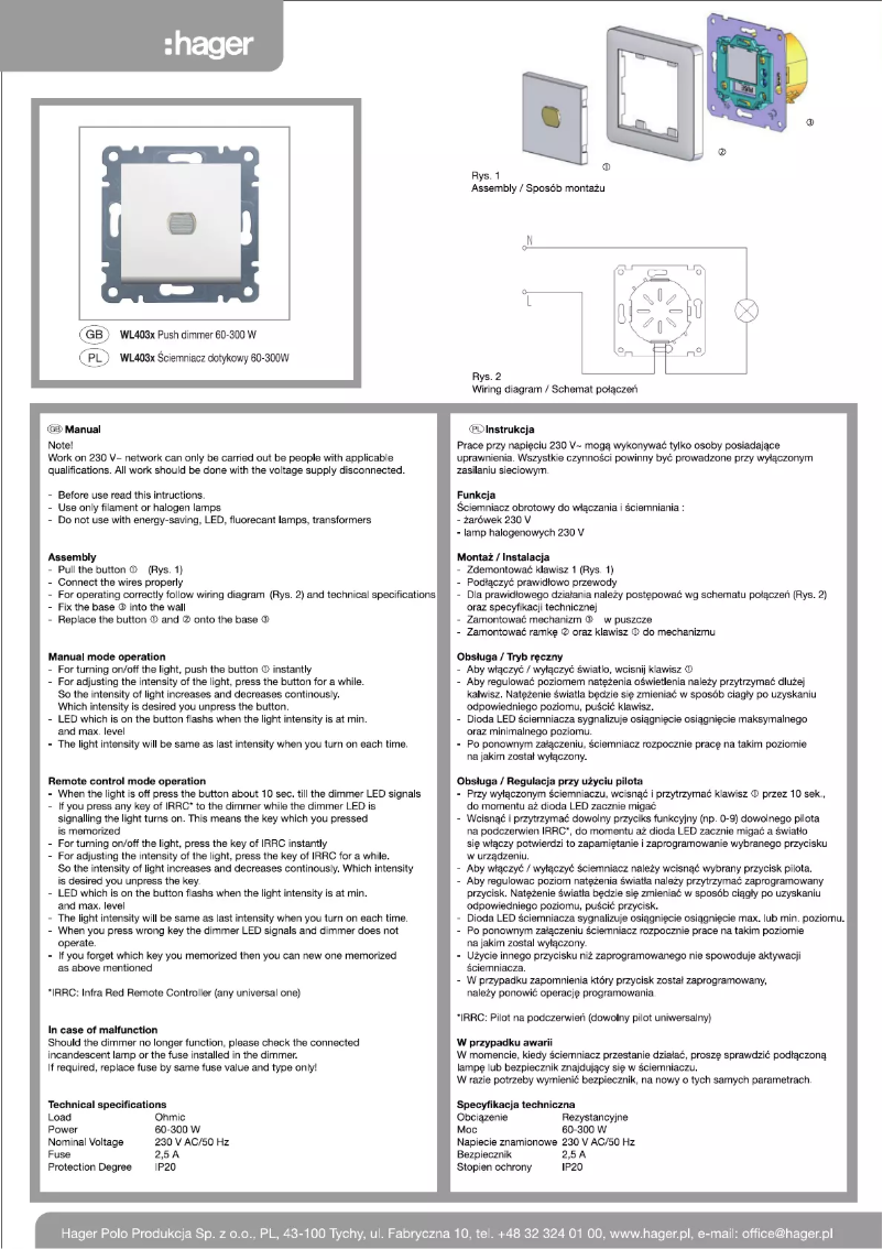 Page n°1 - Manuel utilisateur Hager WL4032