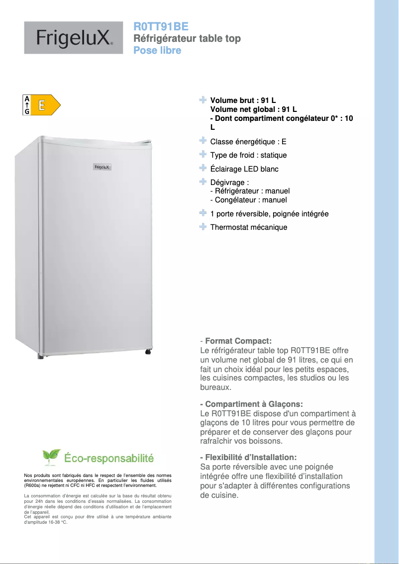 Página 1 del manual Ficha técnica FrigeluX R0TT91BE