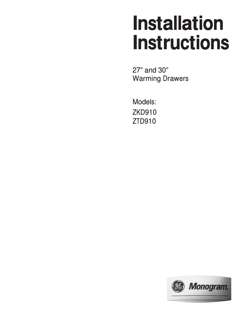 Page n°1 - Guide d'installation GE ZTD910SFSS