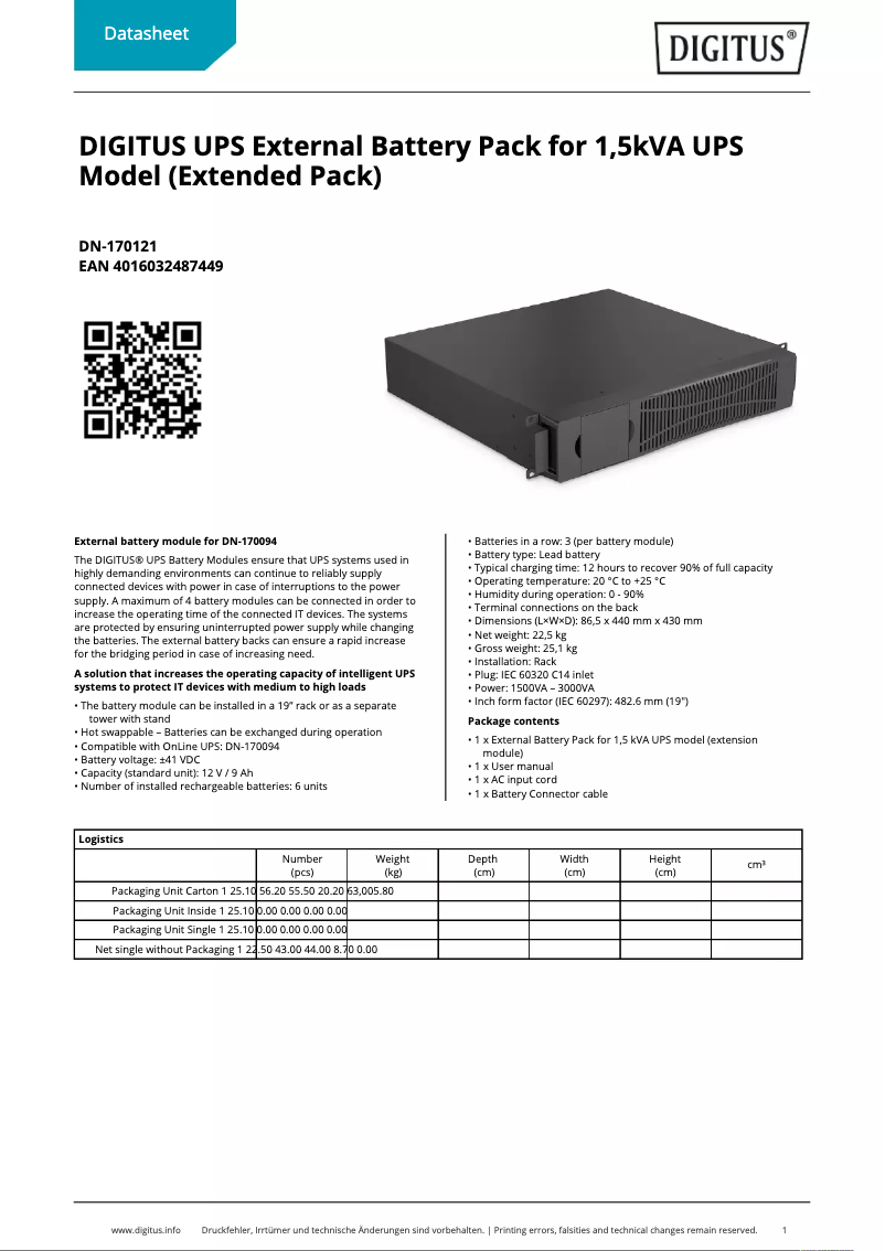 Page 1 de la notice Fiche technique Digitus DN-170121