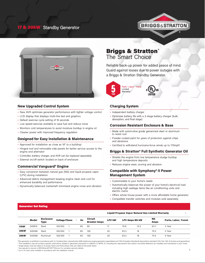 Page 1 de la notice Fiche technique Briggs & Stratton 20kW Standby Generator