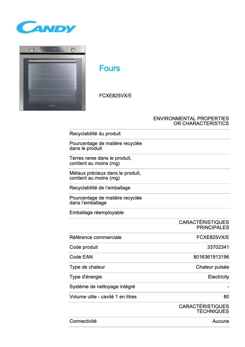 Page n°1 - Fiche technique Candy FCXE825VX/E