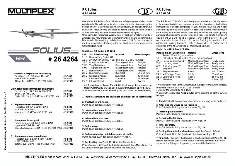 Página 1 del manual Manual de usuario Multiplex RR Solius