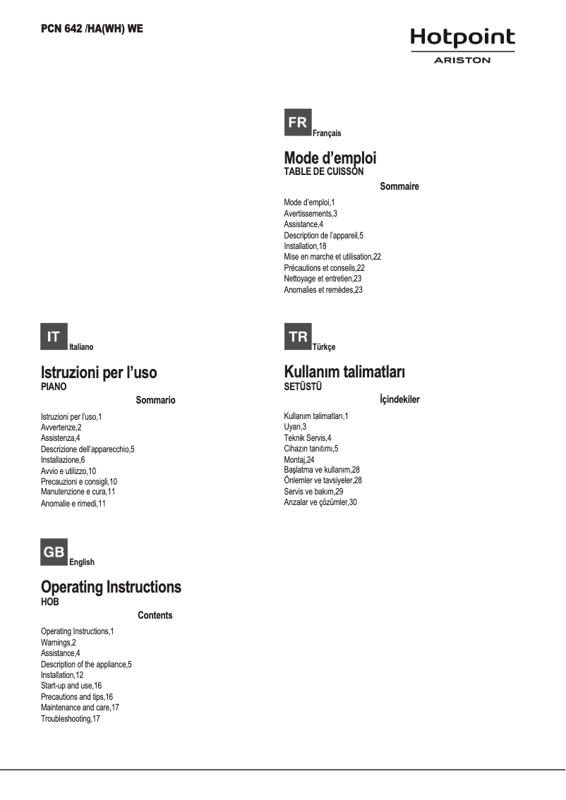 Page 1 de la notice Manuel utilisateur Hotpoint Ariston PCN 642 /HA(WH) WE