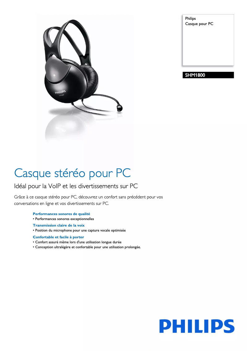 Page 1 de la notice Fiche technique Philips SHM1800