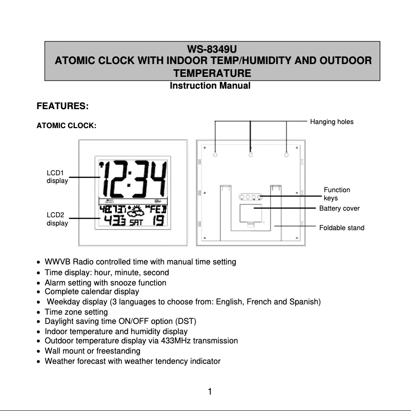 Page n°1 - Manuel utilisateur La Crosse Technology WS-8349U