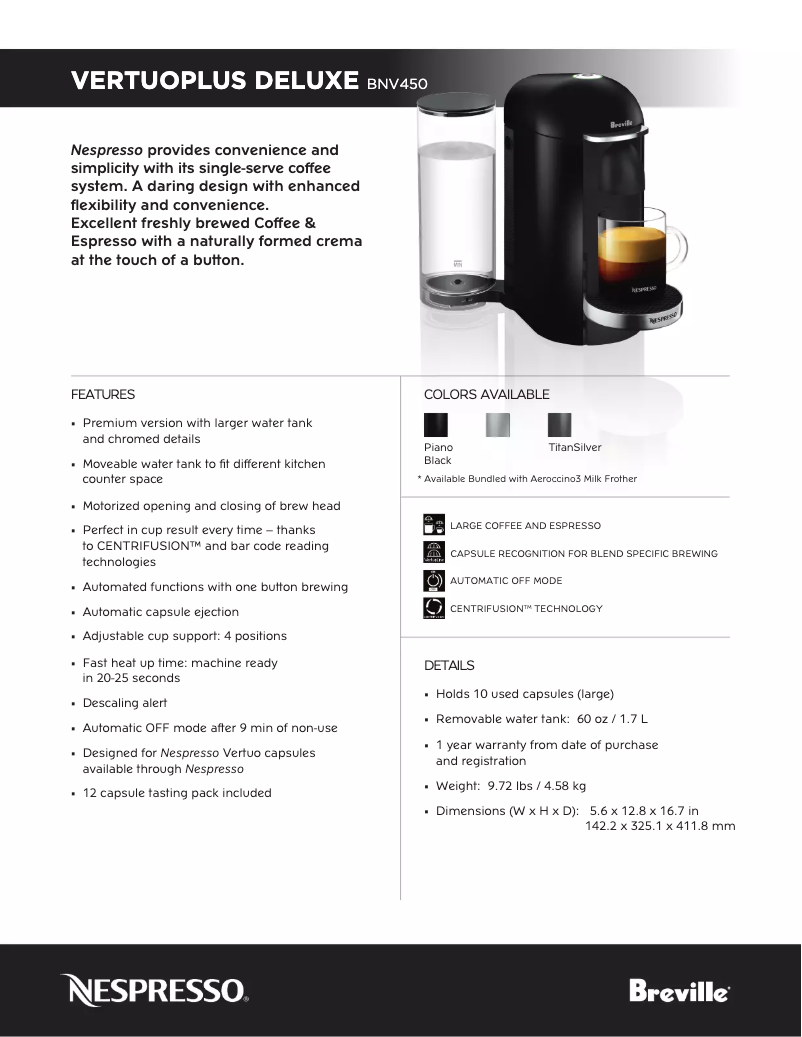 Page n°1 - Manuel utilisateur Breville Nespresso VertuoPlus Deluxe BNV450