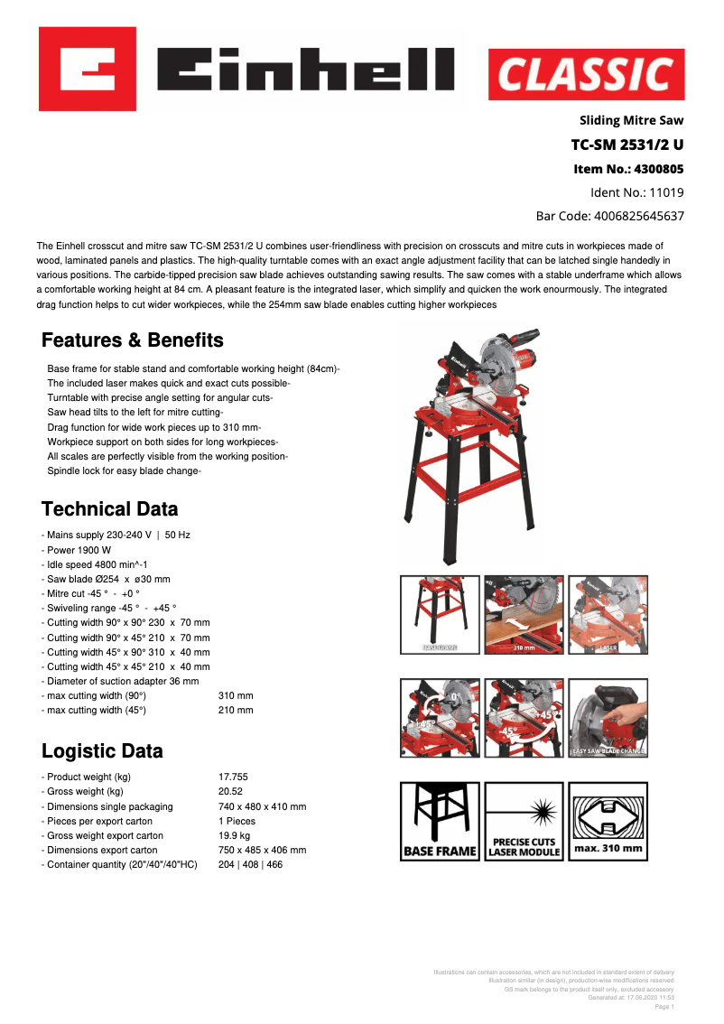 Page 1 de la notice Fiche technique Einhell TC-SM 2531/2 U