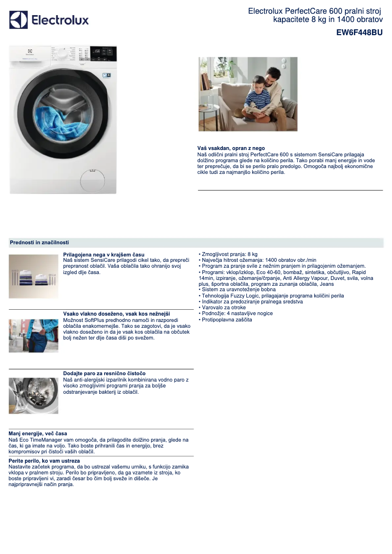 Page 1 de la notice Fiche technique Electrolux EW6F448BU